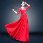 3/4-sleeve Lace V-neck Evening Gown