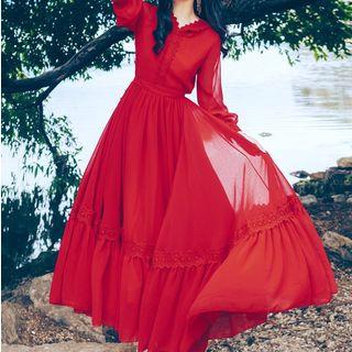 Crochet Trim Ruffle Hem Hooded Maxi Dress