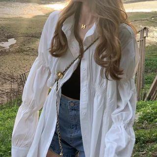 Puff-sleeve Plain Shirt Shirt - White - One Size