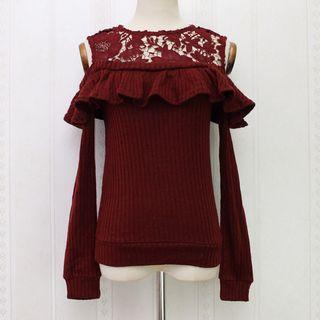 Lace Panel Frilled Cold Shoulder Sweater