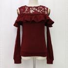 Lace Panel Frilled Cold Shoulder Sweater