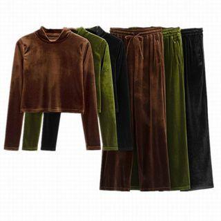 Set: Long-sleeve Velvet T-shirt + Wide-leg Pants