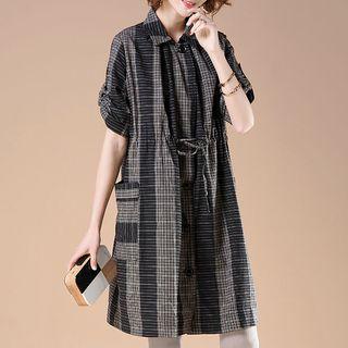 3/4-sleeve Striped Plaid Paneled Shirt Dress