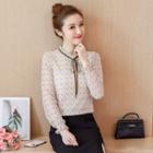 Long-sleeve Dotted Frill Trim Tie-neck Blouse