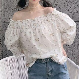 Mesh Floral Embroidered Off-shoulder Top