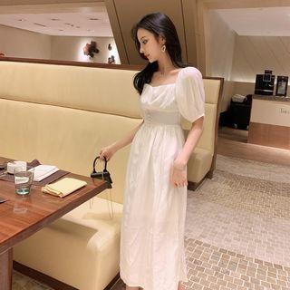 Puff-sleeve Buttoned A-line Midi Dress