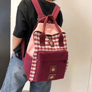 Canvas Plaid Appliqued Top Handle Backpack