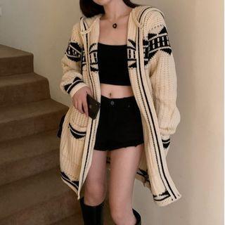 Print Hooded Cardigan White - One Size