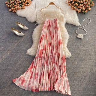 Spaghetti Strap Tie Dye Pleated Dress