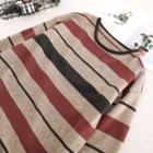 Long-sleeve Striped Midi Knit Dress Coffee - One Size