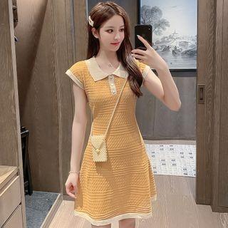 Contrast Trim Cap-sleeve Mini A-line Knit Polo Dress