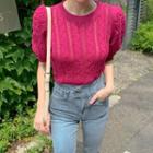 Puff-sleeve Perforated Knit Crop Top