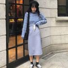 Long-sleeve Striped Knit Top/ Straight Cut Midi Knit Skirt