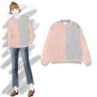 Color Block Long-sleeve Knit Top Pink - One Size