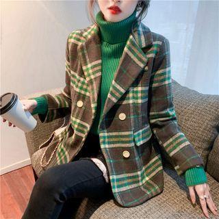 Plaid Double-breasted Blazer / Turtleneck Applique Sweater