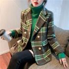 Plaid Double-breasted Blazer / Turtleneck Applique Sweater