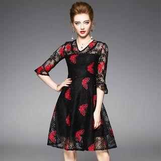 Elbow-sleeve Embroidery Lace Dress
