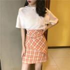 Crew-neck Short-sleeve T-shirt / High Waist Plaid A-line Skirt