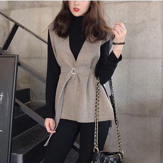 Set: Turtleneck Long-sleeve T-shirt + V-neck Tie Waist Vest