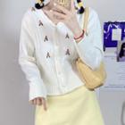 Long-sleeve Flower Embroidered Knit Top White - One Size