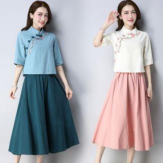Set: Elbow-sleeve Embroidered Traditional Chinese Top + Midi Skirt