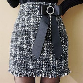 Tweed Mini Pencil Skirt With Brooch