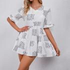 Short-sleeve Lettering Print Tiered Mini A-line Dress
