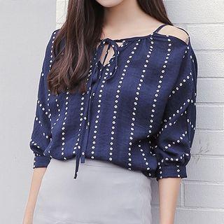 Short-sleeve Off Shoulder Stripe Lace-up Loose Fit T-shirt