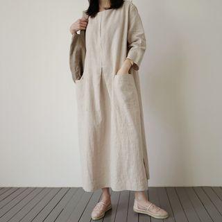 Long-sleeve Plain Maxi Shift Dress