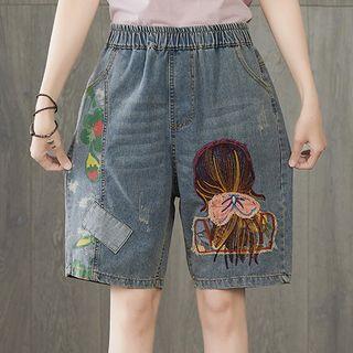 Embroidered Straight-fit Denim Shorts