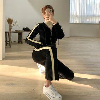 Set: Contrast-trim Hoodie Jacket + Band-waist Boot-cut Pants