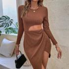 Long-sleeve Crew Neck Cutout Cable-knit Mini Bodycon Dress