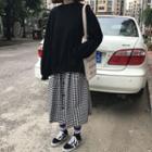 Cutout-back Lace-up Pullover / Check Buttoned Skirt