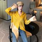 Color-block Long-sleeve Asymmetric Collared Blouse Yellow - One Size