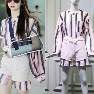 Long-sleeve Striped Shirt / Denim Shorts