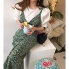 Puff-sleeve Plain Top / Spaghetti-strap Single Breasted Slim Fit Floral Dress