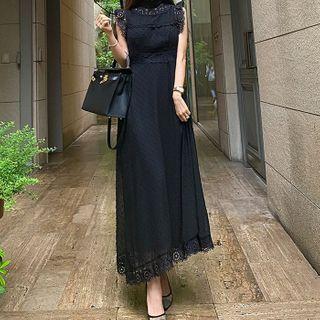 High-neck Sleeveless Lace Plain A-line Dress