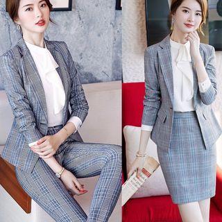 Plaid Single-button Blazer / Ruffle Blouse / High-waist Pencil Skirt / Cropped Skinny Pants / Set