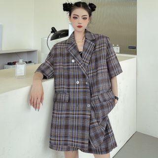 Set: Elbow-sleeve Double-breasted Plaid Shirt + Wide Leg Shorts Plaid - Gray & Blue - One Size