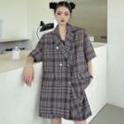 Set: Elbow-sleeve Double-breasted Plaid Shirt + Wide Leg Shorts Plaid - Gray & Blue - One Size