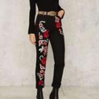 Floral Embroidered High Waist Straight Leg Jeans