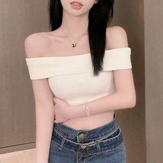 Off-shoulder Knit Crop Top White - One Size