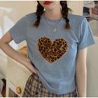 Heart Embroidered Short-sleeve T-shirt Blue - One Size