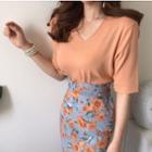 V-neck Short-sleeve Knit Top Orange Pink - One Size