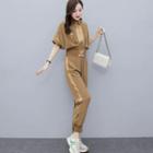 Set: Short Sleeve Half-zip Two-tone Top + Sweatpants
