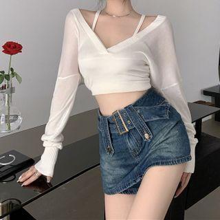 Mock Two-piece Knit Top / Denim Skort