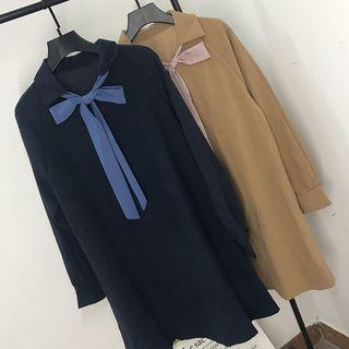 Long-sleeve Ribbon-neck Dress