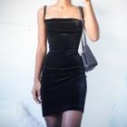 Spaghetti-strap Square-neck Velvet Mini Bodycon Dress