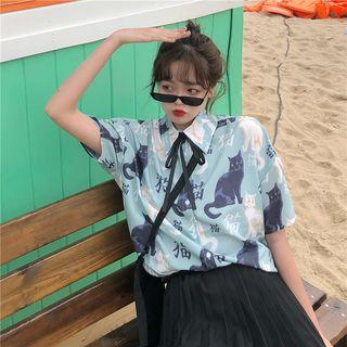 Cat Printed Short-sleeve Shirt As Shown In Figure - One Size