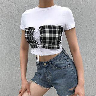 Mock Two-piece Short-sleeve Plaid Paneled Lace-up Cropped T-shirt